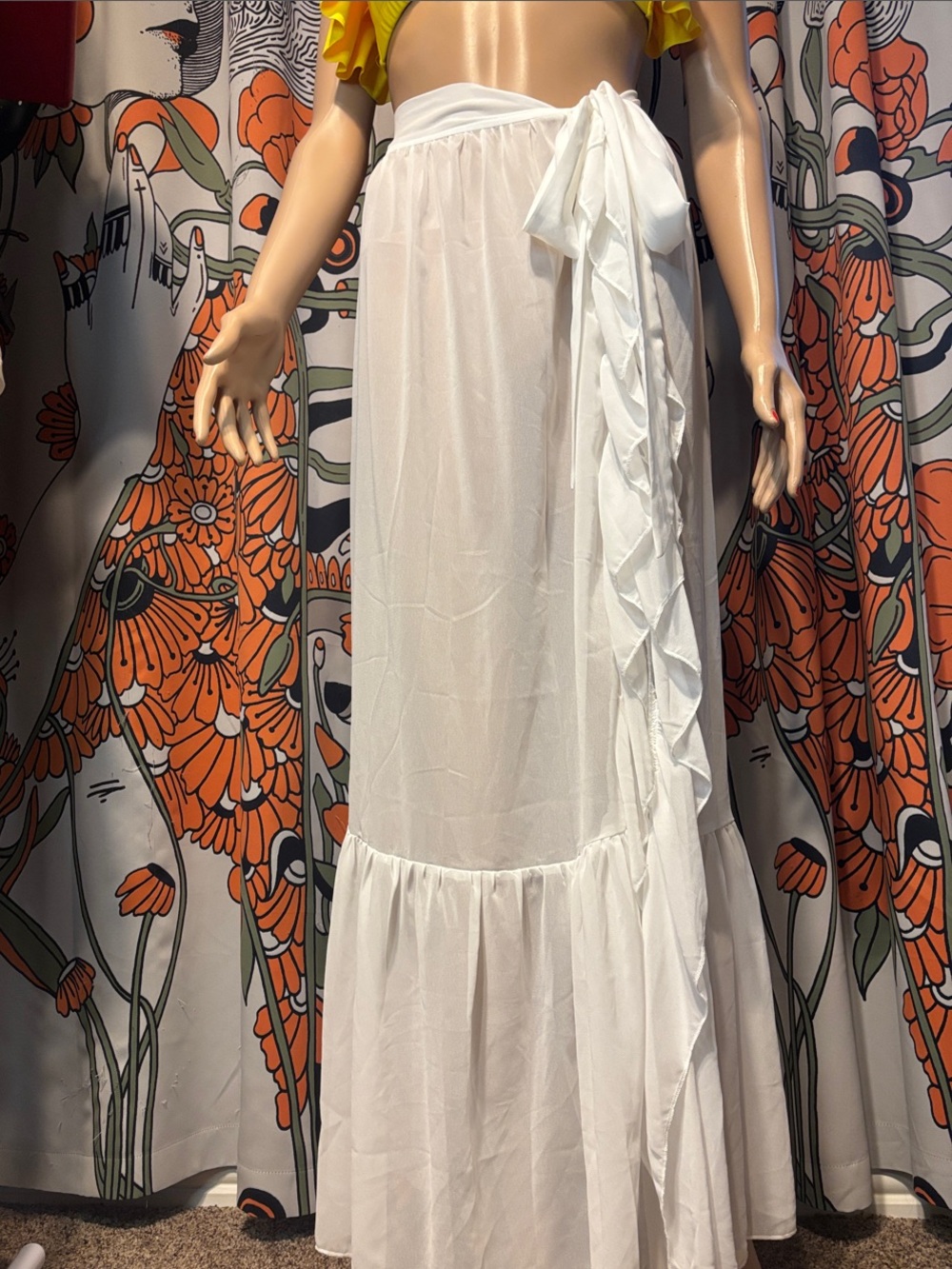 White Sheer Tie-Waist Maxi Skirt Bikini Swimsuit Coverup | Beach Skirt | S/M